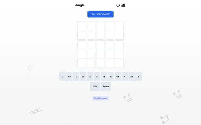 Daily Jingle: a Play Today's Melody button above a five-by-five grid for guessing a five-note tune, with a chromatic keyboard of notes from C to B and Enter and Delete keys