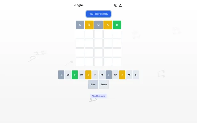 Daily Jingle on 29 October 2026 after one guess: C E G A D in the top row, D green, E and A yellow, C and G gray, above the C to B note keyboard