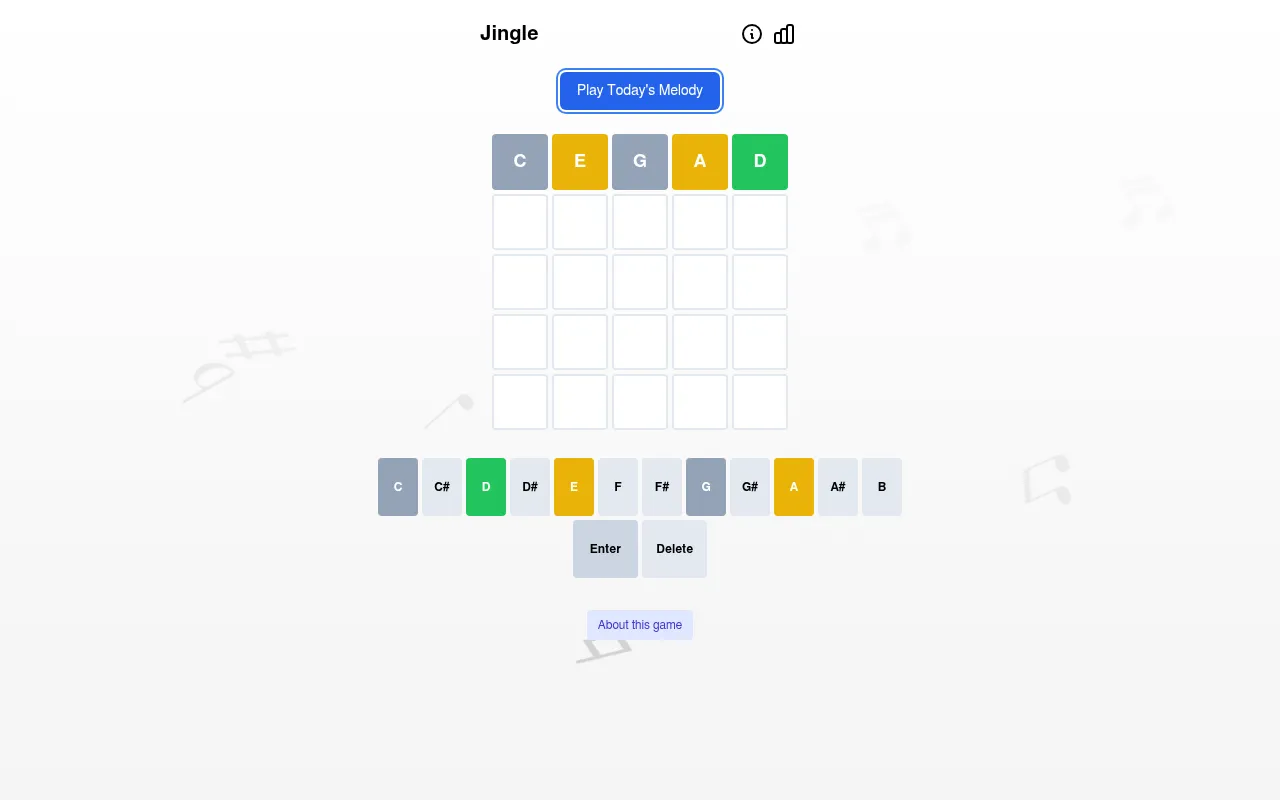 Daily Jingle on 29 October 2026 after one guess: C E G A D in the top row, D green, E and A yellow, C and G gray, above the C to B note keyboard
