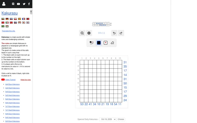 The Special Daily Kakurasu for October 19, 2026 on puzzle-kakurasu.com: an empty 10x10 grid with row sums on the right, column sums below and the shading tools above