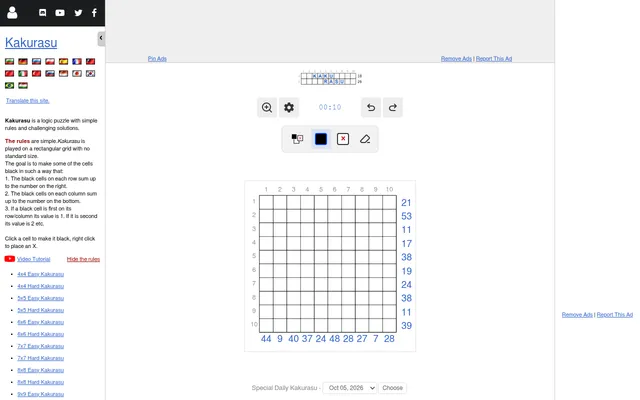 The Special Daily Kakurasu for October 5, 2026 on puzzle-kakurasu.com: an empty 10x10 grid with row sums on the right and column sums below