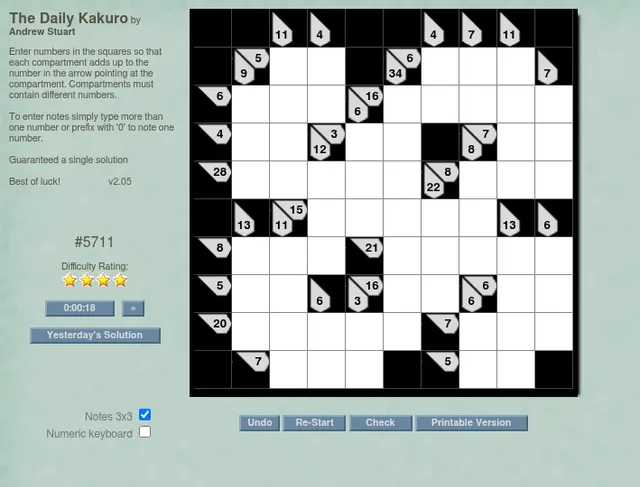 Today's Daily Kakuro #5711 on SudokuWiki: a 10x10 grid of arrow sum clues with empty white cells, the timer, four-star difficulty and Undo, Re-Start, Check and Print buttons