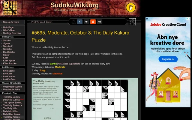 SudokuWiki page for #5695, Moderate, October 3: The Daily Kakuro Puzzle by Andrew Stuart, with the weekday difficulty schedule and the playable kakuro grid of sum clues; an ad sits at the right