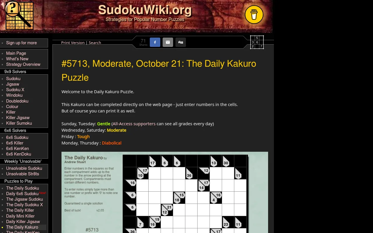 SudokuWiki's page for #5713, Moderate, October 21: The Daily Kakuro Puzzle, with the weekday difficulty schedule and the top of the playable grid