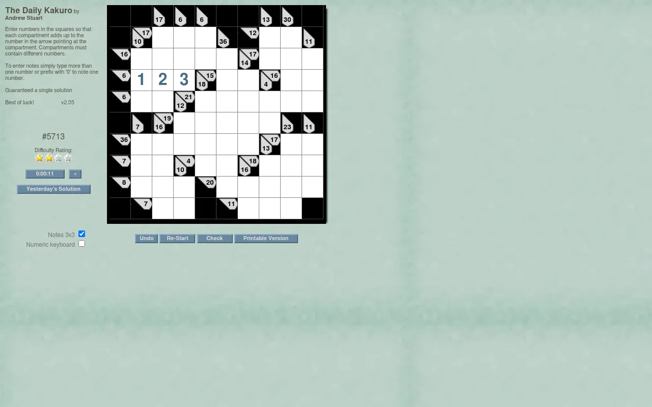Daily Kakuro #5713 being played on SudokuWiki: a 10x10 grid of arrow sum clues, a run totalling 6 filled with 1, 2 and 3, two-star rating, timer and Undo, Re-Start, Check buttons
