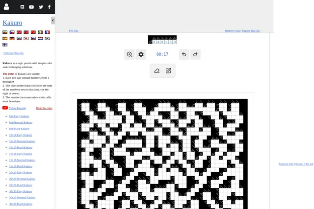 The Special Daily Kakuro on puzzle-kakuro.com: a large black and white cross-sum grid with sum clues in the black cells, and the rules in the side panel