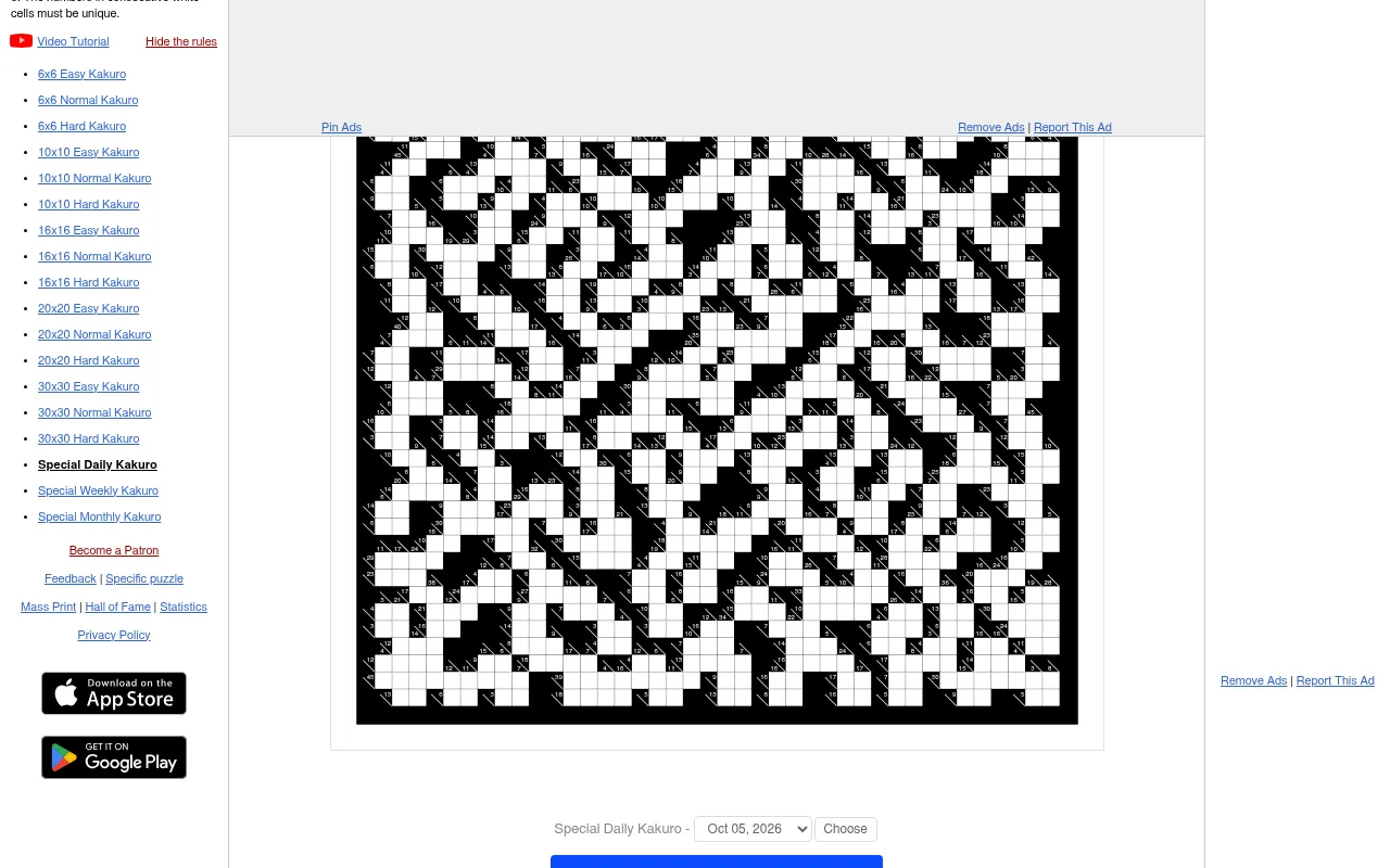 The Special Daily Kakuro for Oct 05, 2026 on puzzle-kakuro.com: a large black and white cross-sum grid with sum clues in the black cells, beside the list of sizes