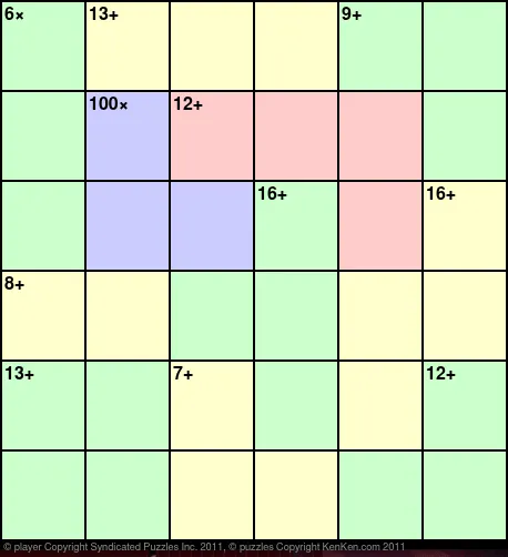 The Daily KenKen No.3051 (Tough, 21 October 2026): an empty 6x6 grid of green, yellow, blue and pink cages with clues such as 6×, 13+, 100×, 12+ and 16+