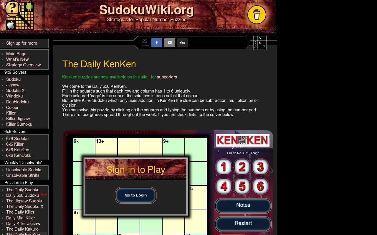 The Daily KenKen page on SudokuWiki at desktop size: rules above, puzzle No.3051 with its number pad, and the Sign-in to Play box supporters log in through