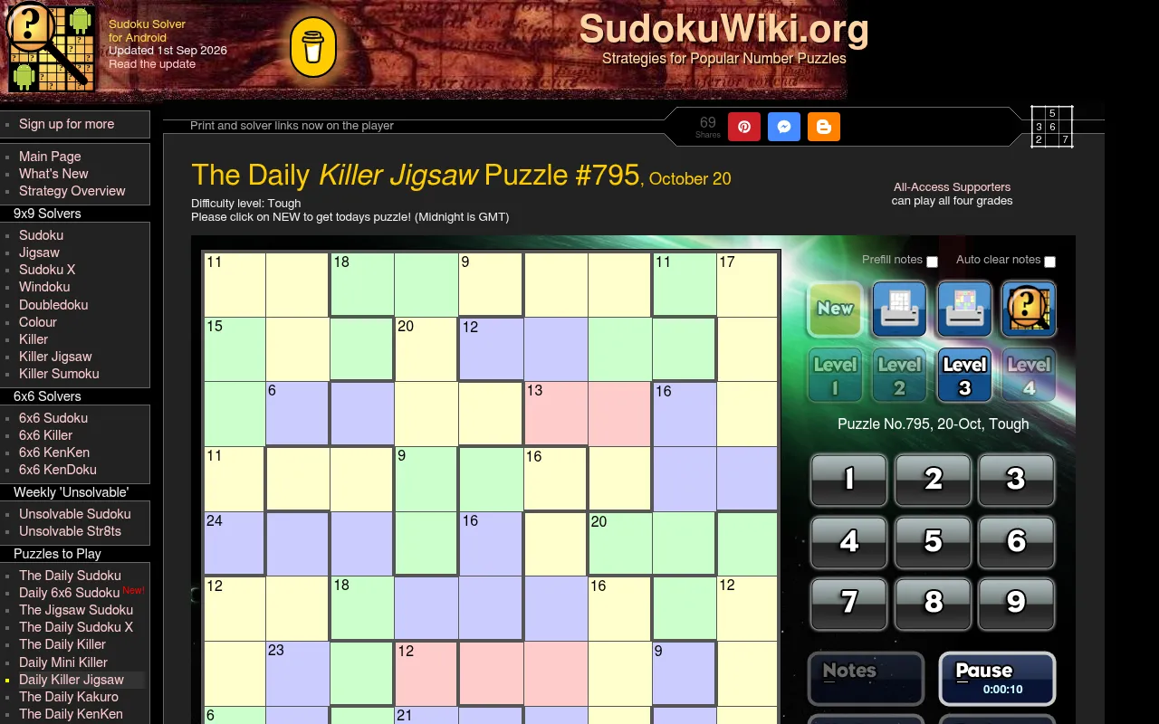 Daily Killer Jigsaw Puzzle #795, October 20 (Tough) on SudokuWiki: a 9x9 grid of coloured sum cages inside thick irregular region borders, with level buttons and a number pad