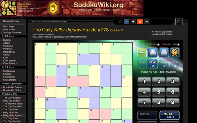 The Daily Killer Jigsaw Puzzle #778, October 3 (Moderate) on SudokuWiki: a 9x9 grid of coloured cages with sums such as 8, 19 and 27 and thick irregular region borders, level buttons, a number pad and