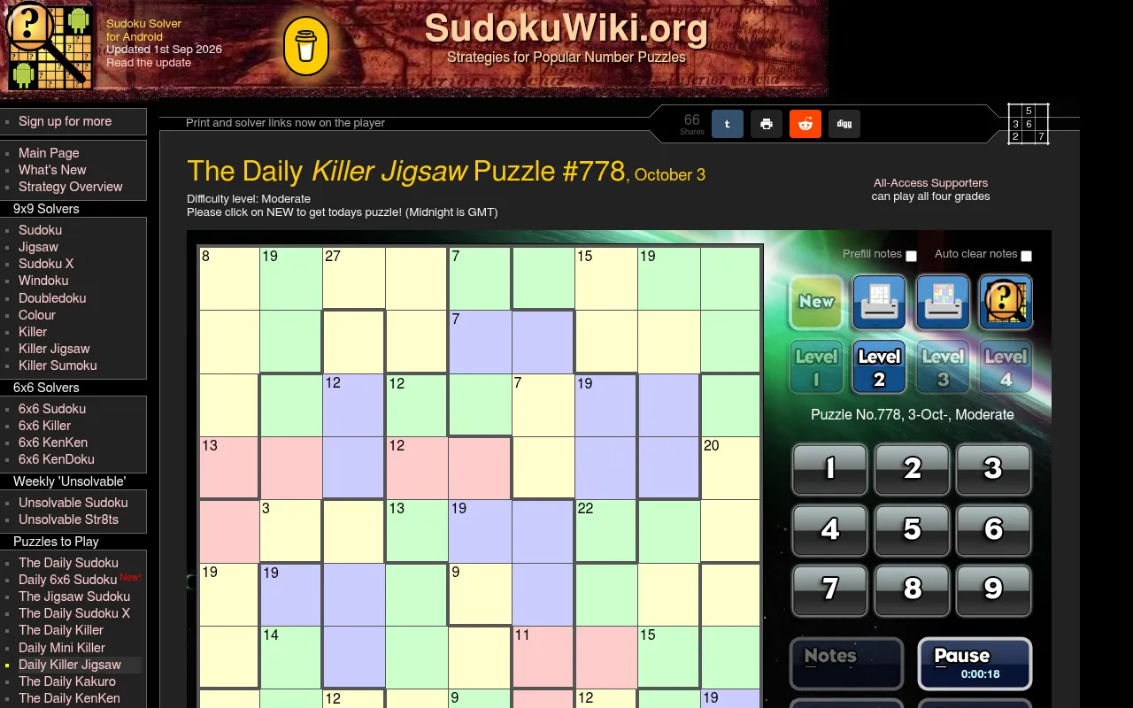 The Daily Killer Jigsaw Puzzle #778, October 3 (Moderate) on SudokuWiki: a 9x9 grid of coloured cages with sums such as 8, 19 and 27 and thick irregular region borders, level buttons, a number pad and