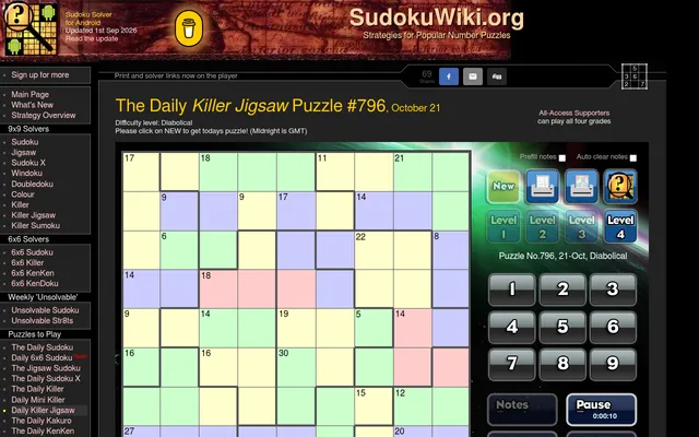 Daily Killer Jigsaw Puzzle #796, October 21 (Diabolical) on SudokuWiki: a 9x9 grid of coloured sum cages inside thick irregular region borders, beside level buttons and a number pad