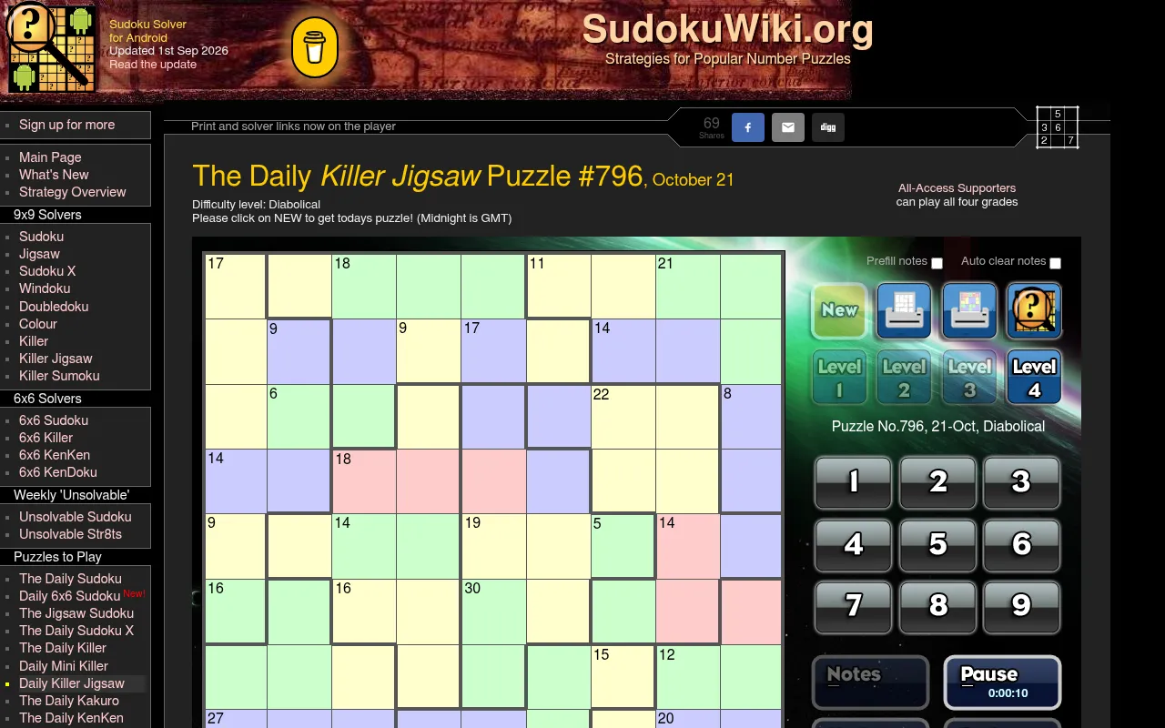 Daily Killer Jigsaw Puzzle #796, October 21 (Diabolical) on SudokuWiki: a 9x9 grid of coloured sum cages inside thick irregular region borders, beside level buttons and a number pad