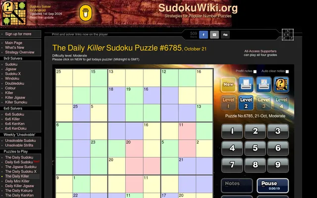 The Daily Killer Sudoku Puzzle #6785, October 21 (Moderate) on SudokuWiki: a 9x9 grid of coloured cages with their sums, level buttons, a number pad and timer