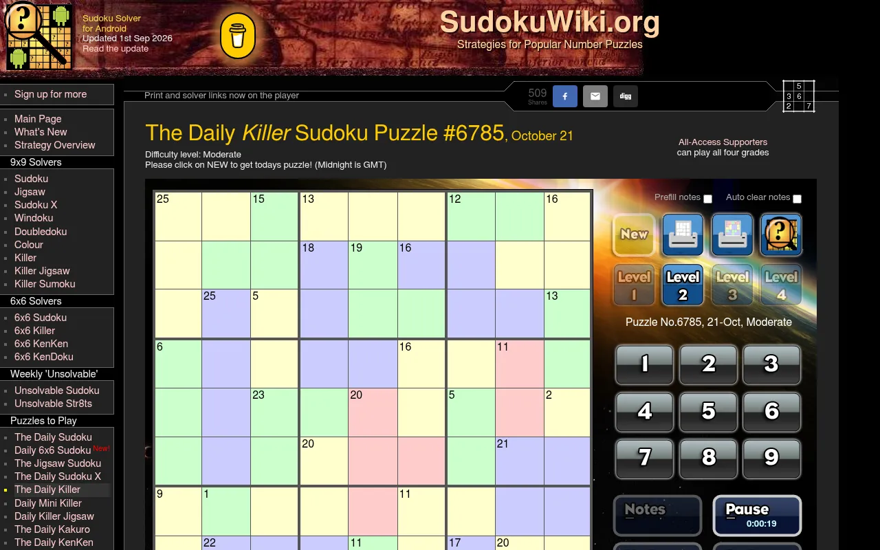 The Daily Killer Sudoku Puzzle #6785, October 21 (Moderate) on SudokuWiki: a 9x9 grid of coloured cages with their sums, level buttons, a number pad and timer