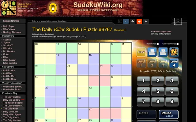 The Daily Killer Sudoku Puzzle #6767, October 3 (Diabolical) on SudokuWiki: a 9x9 grid of coloured cages with their sums, level buttons, a number pad and a running timer