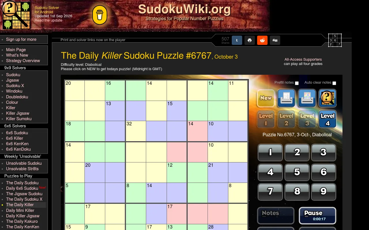 The Daily Killer Sudoku Puzzle #6767, October 3 (Diabolical) on SudokuWiki: a 9x9 grid of coloured cages with their sums, level buttons, a number pad and a running timer