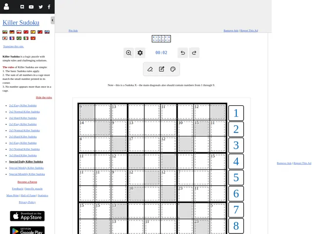 The Special Daily Killer Sudoku on puzzle-killer-sudoku.com: a 9x9 grid divided into dashed cages with sum clues, beside the number buttons and the rules