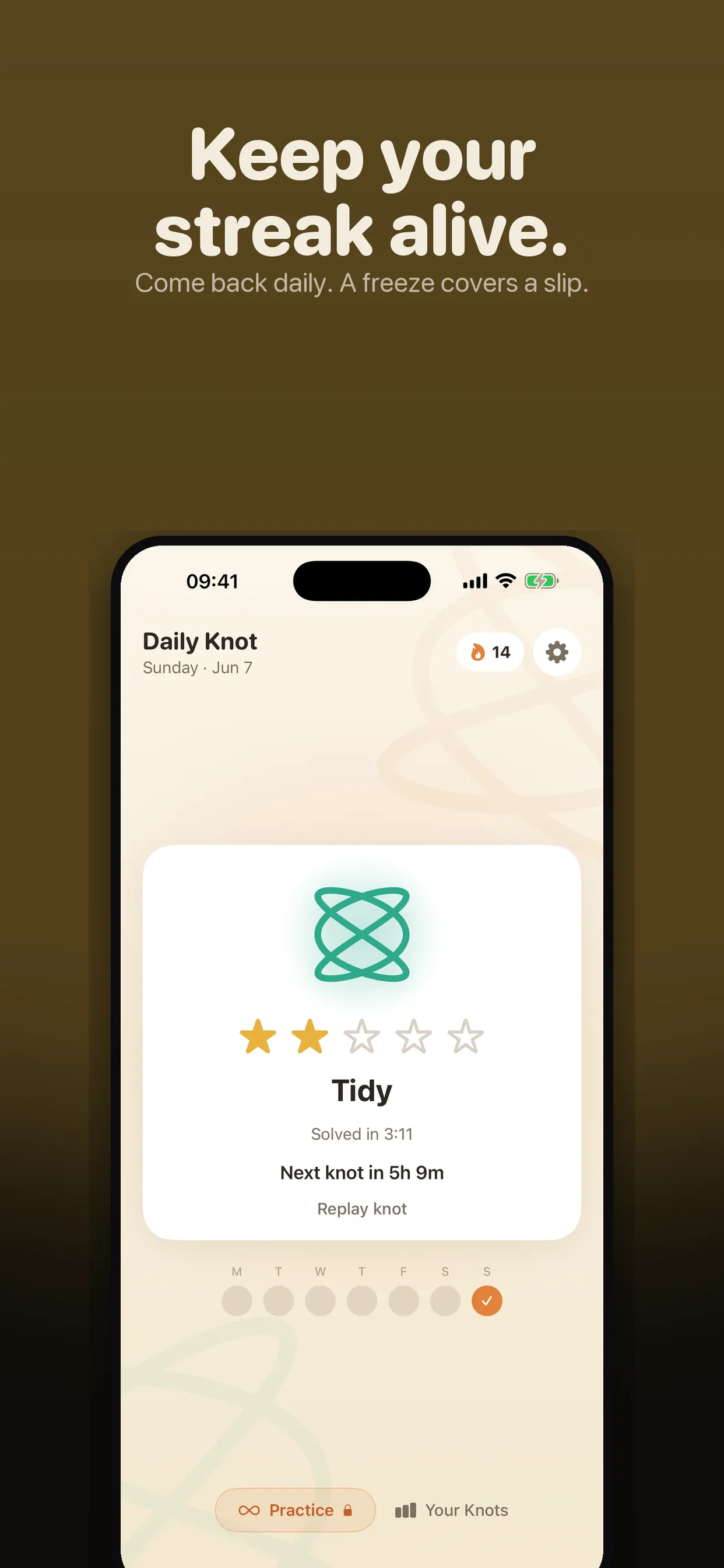 A solved Daily Knot card: two stars, Tidy, solved in 3:11, next knot in 5h 9m