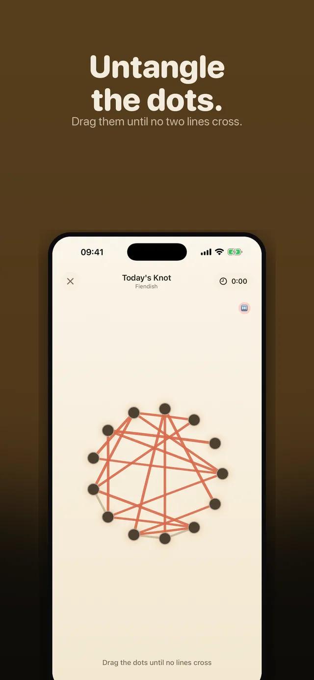 A Fiendish Daily Knot: a dozen dots joined by crossing orange lines, with a timer at 0:00