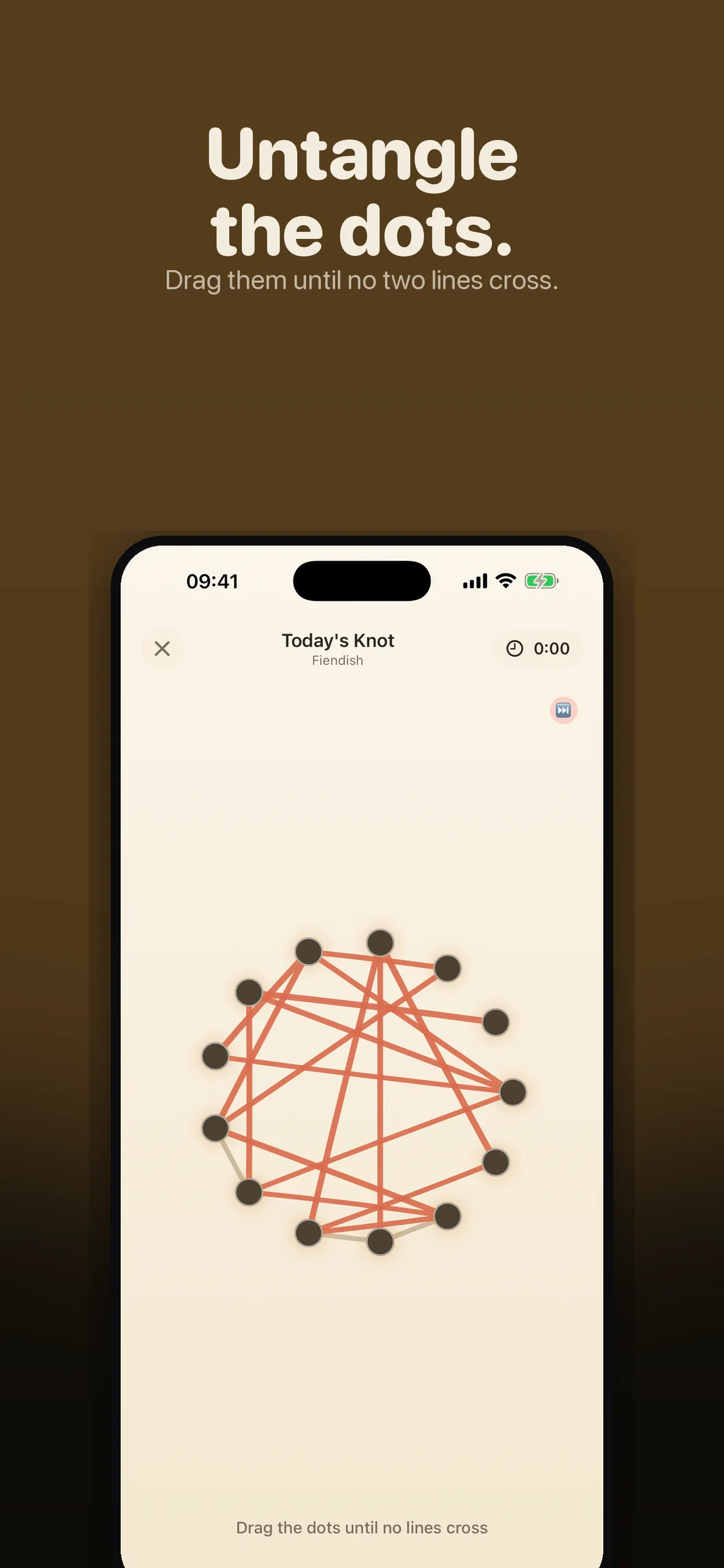 A Fiendish Daily Knot: a dozen dots joined by crossing orange lines, with a timer at 0:00
