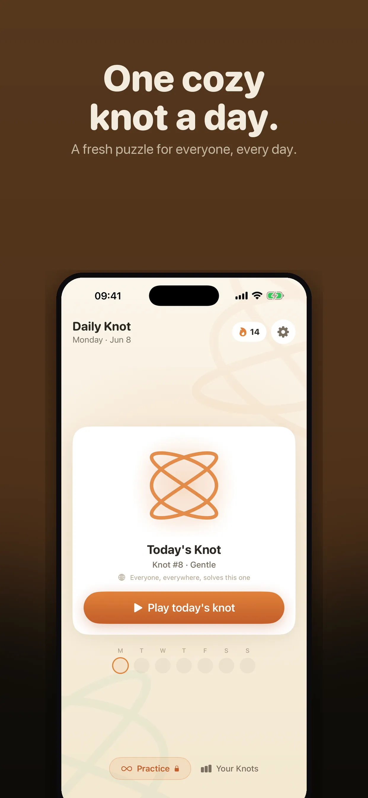 Daily Knot's home screen with Today's Knot, Knot #8, Gentle, and a Play today's knot button