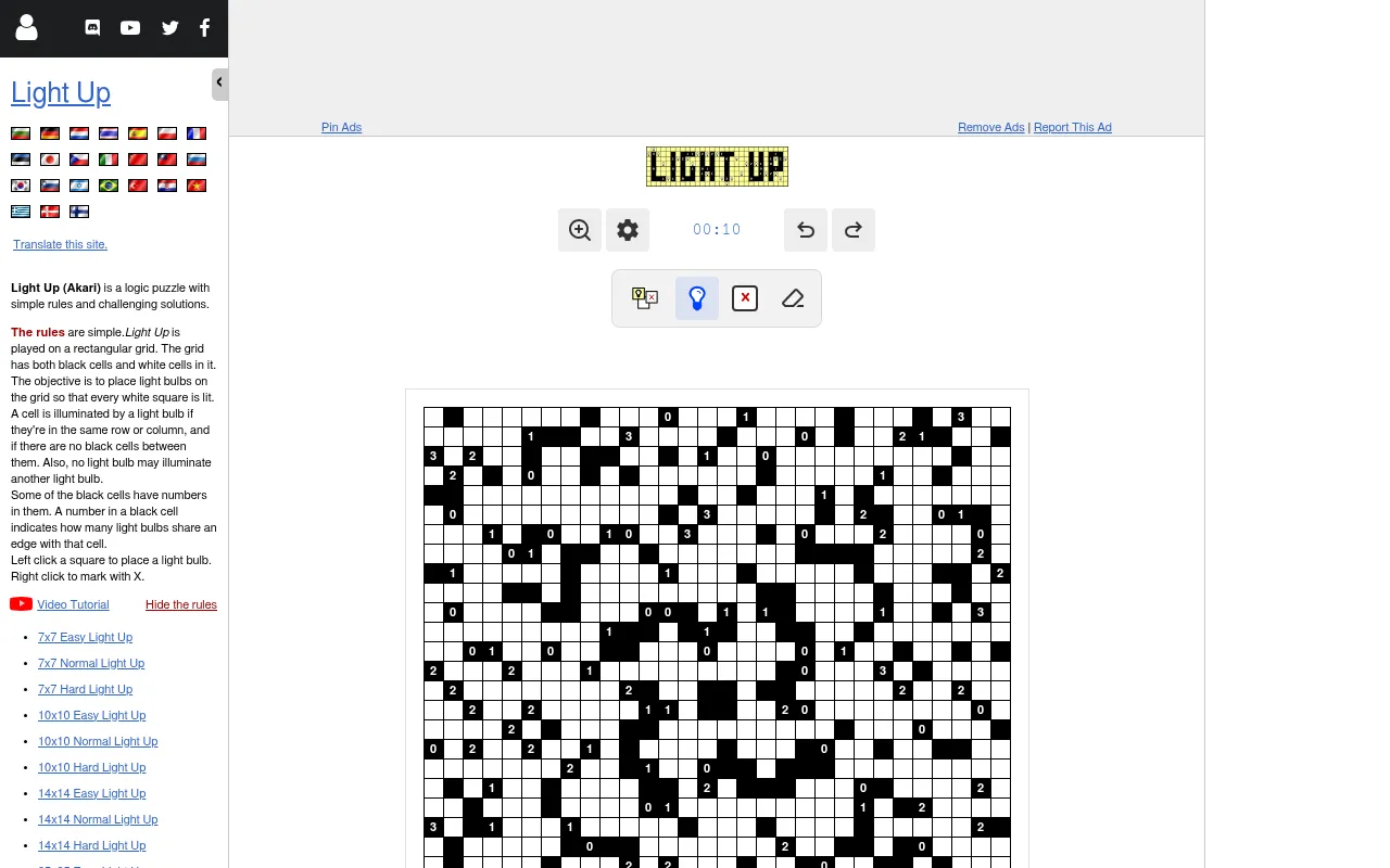 The puzzle-light-up.com daily page on a desktop: rules and size list on the left, the timer, tools and the 30x30 daily board in the middle