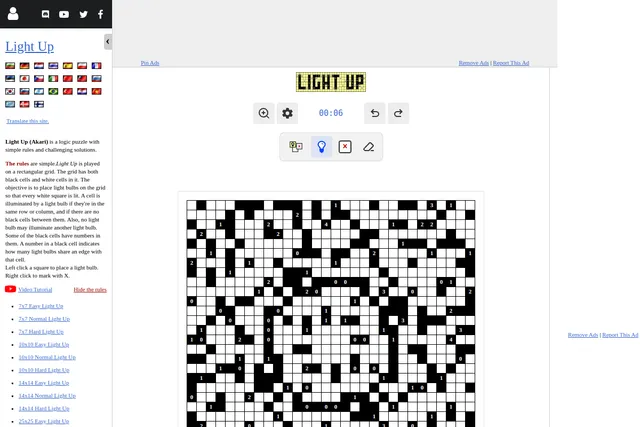 The Special Daily Light Up on puzzle-light-up.com: a large grid of white cells and black walls, some walls numbered, with the bulb tools above and the rules in the side panel