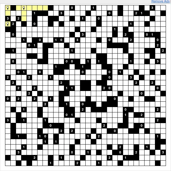 The Special Daily Light Up for 22 October 2026: a 30x30 grid of white cells and numbered black walls, with three bulbs placed and their light shown in yellow