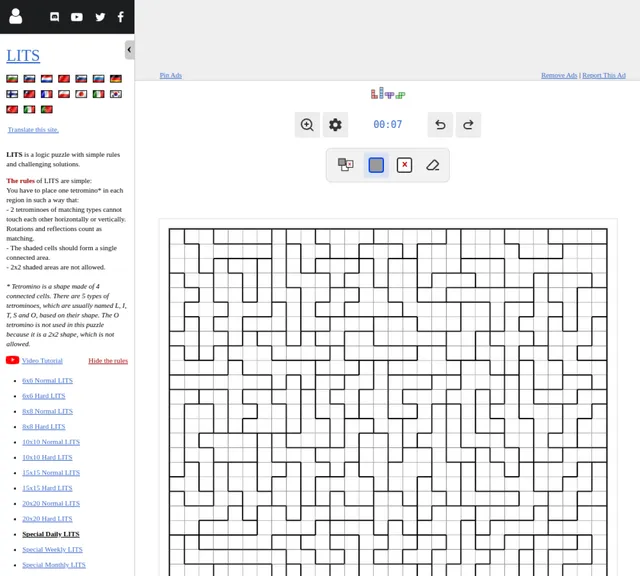 The Special Daily LITS on puzzle-lits.com: a large grid split into outlined regions, each waiting for one tetromino, next to the rules