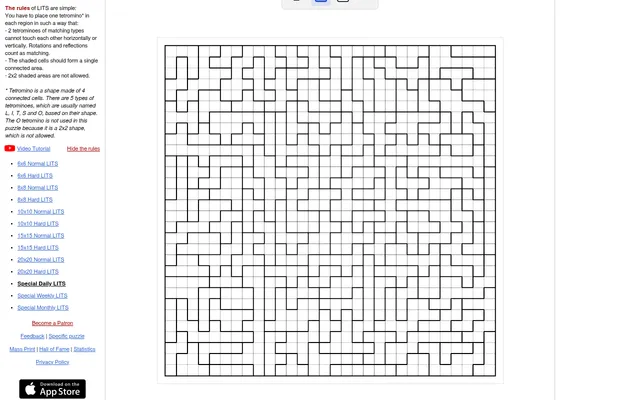 Today's Special Daily LITS on puzzle-lits.com (21 October 2026): an empty 30x30 grid split into many outlined regions, beside the rules and size menu