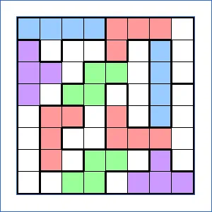 A solved LITS grid with coloured L, I, T and S shapes in each region