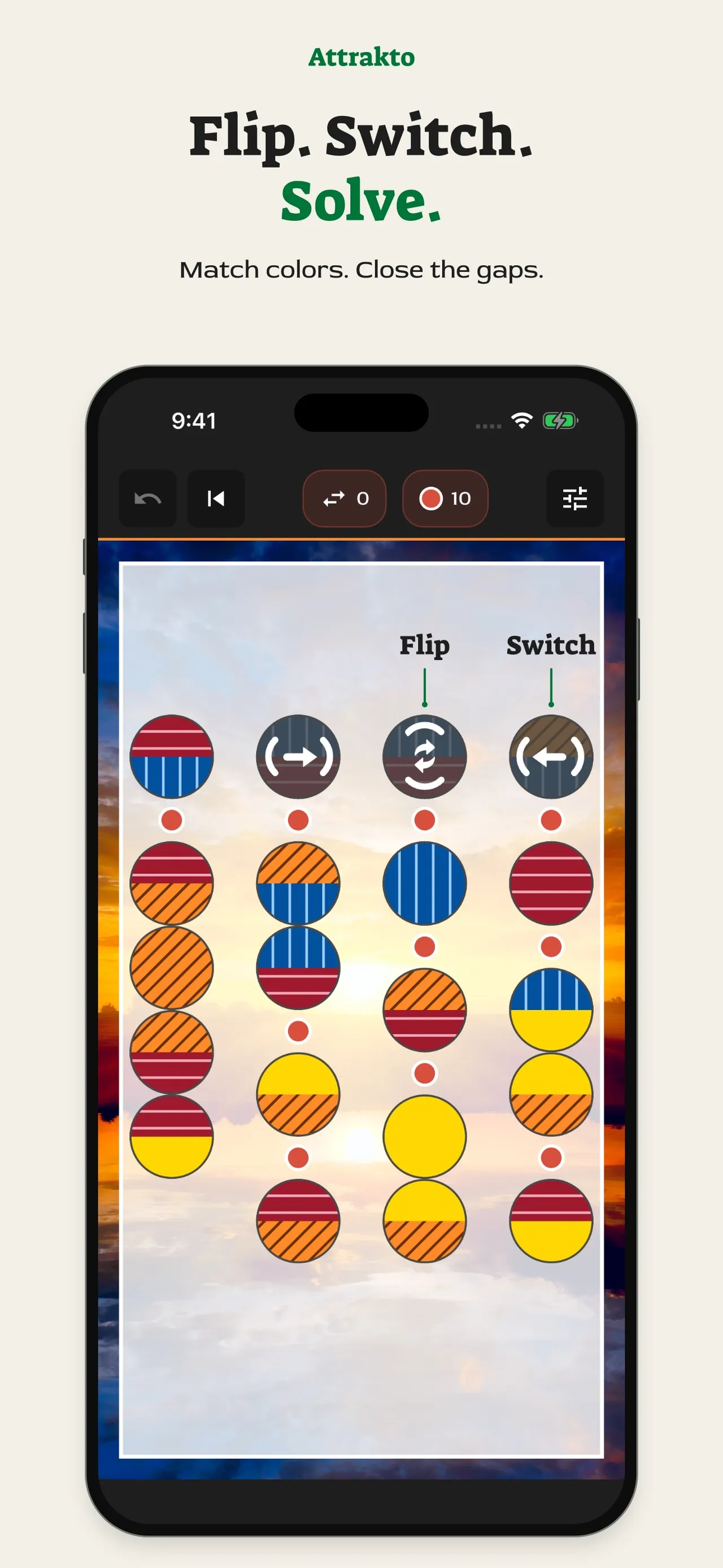 An Attrakto board showing the flip and switch moves on two-toned pieces