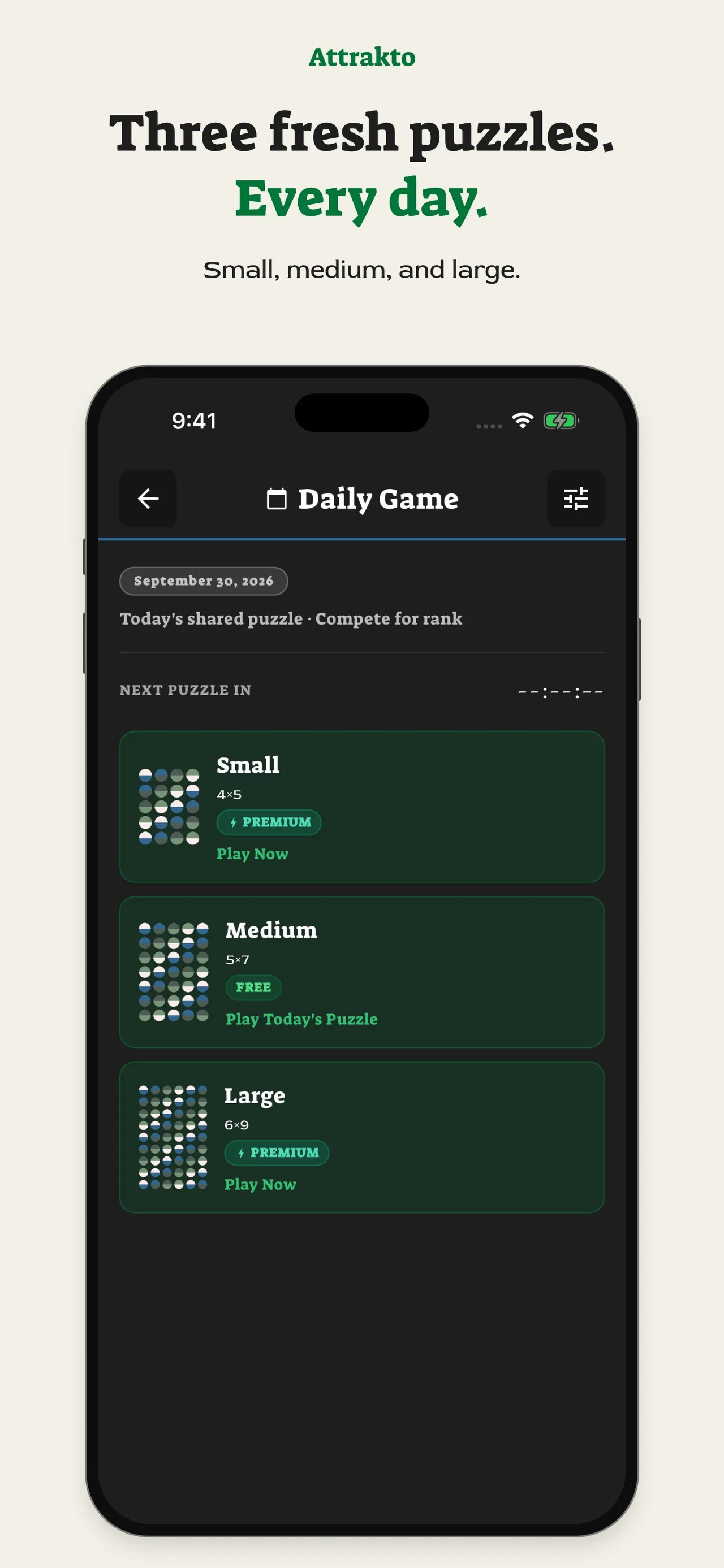 Attrakto Daily Game screen dated September 30, 2026 with small, medium and large shared puzzles