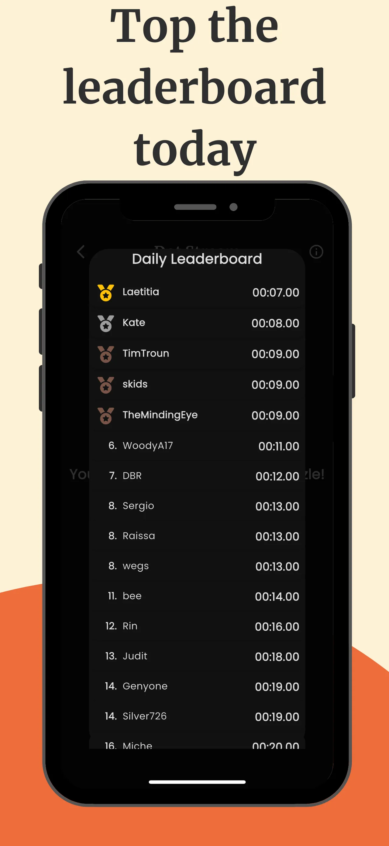 Daily Logic Puzzles store screenshot: the Daily Leaderboard for Dot Stream with players ranked by solve time, under the heading Top the leaderboard today