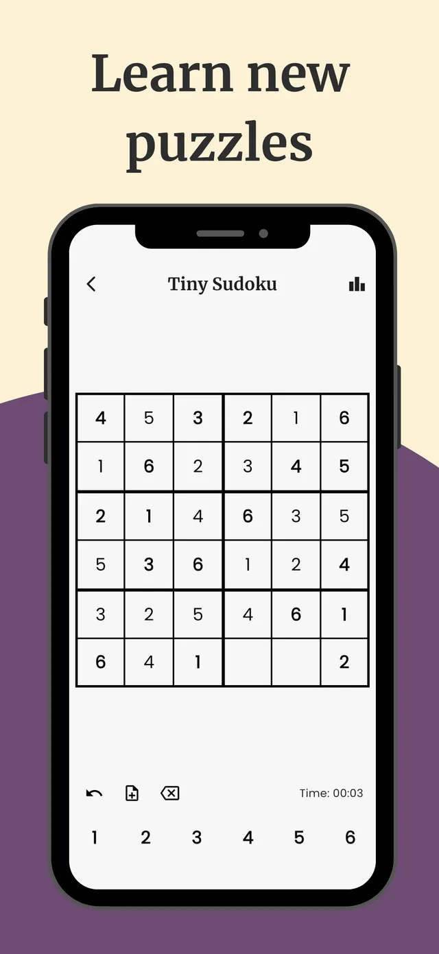 Daily Logic Puzzles store screenshot: a nearly solved 6x6 Tiny Sudoku board with a timer at 00:03, under the heading Learn new puzzles