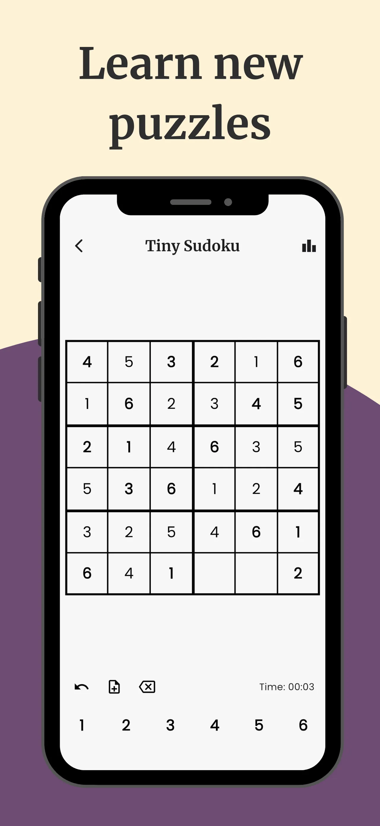 Daily Logic Puzzles store screenshot: a nearly solved 6x6 Tiny Sudoku board with a timer at 00:03, under the heading Learn new puzzles