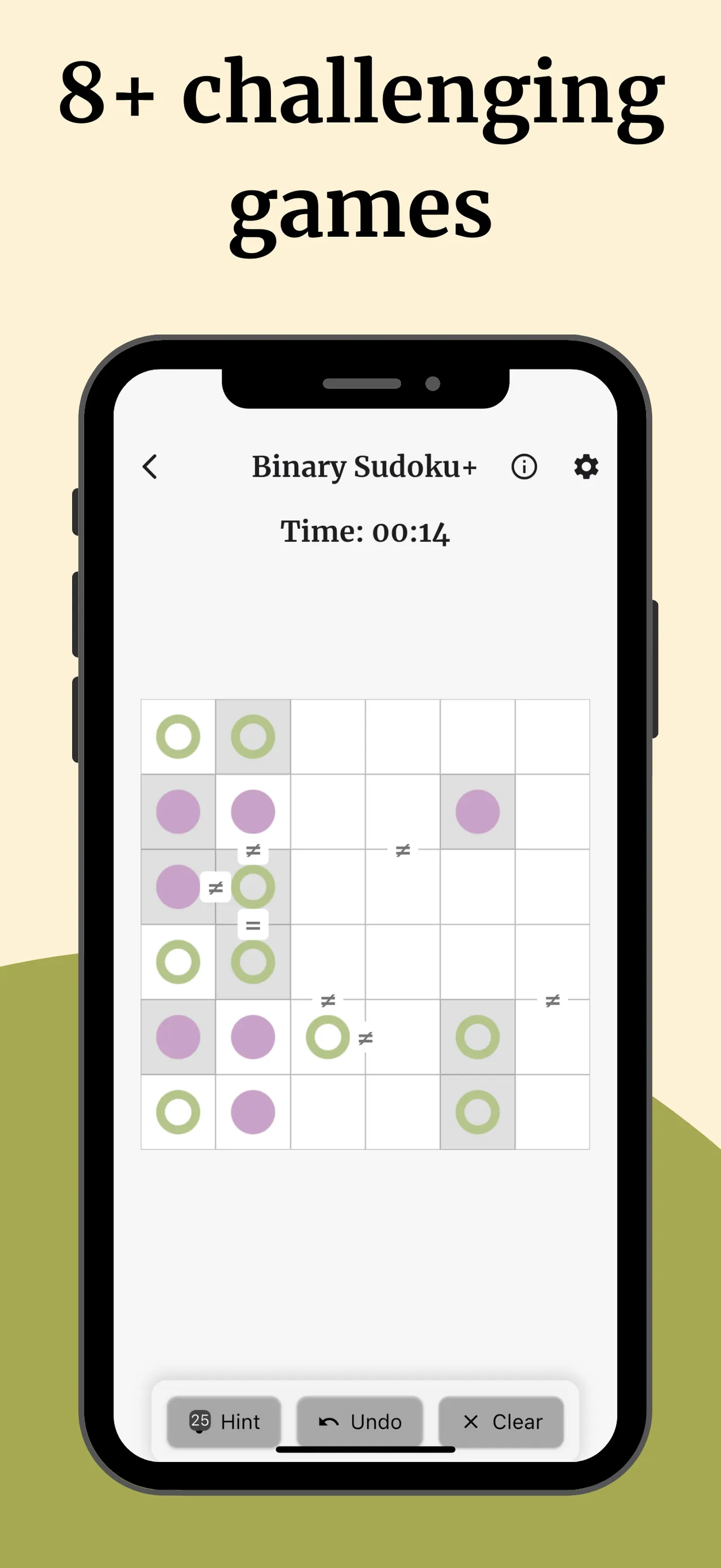 Daily Logic Puzzles store screenshot: a 6x6 Binary Sudoku board of green rings and purple dots with equal and not-equal marks, Hint, Undo and Clear below