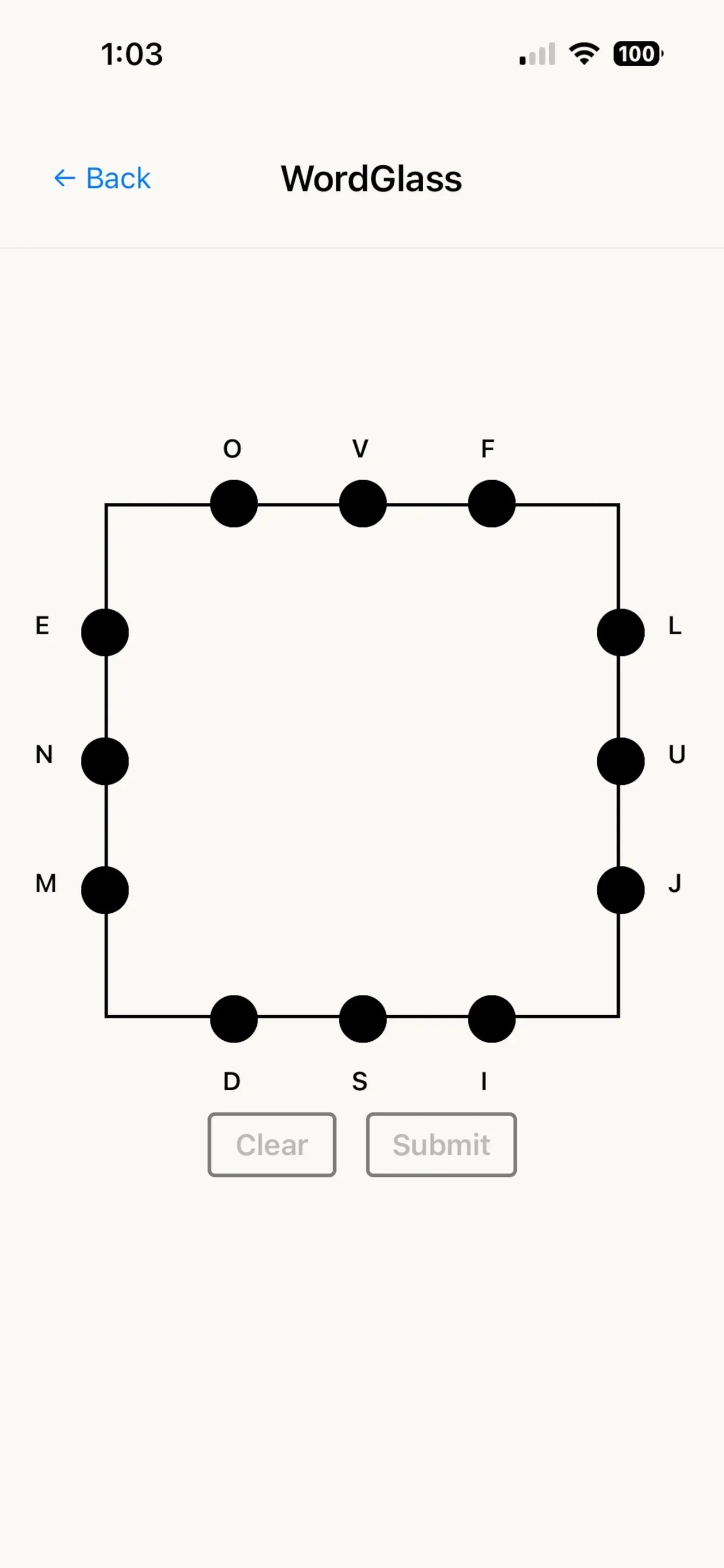 Daily Logic WordGlass (App Store screenshot): a square with twelve letters on its sides, three a side, and Clear and Submit buttons