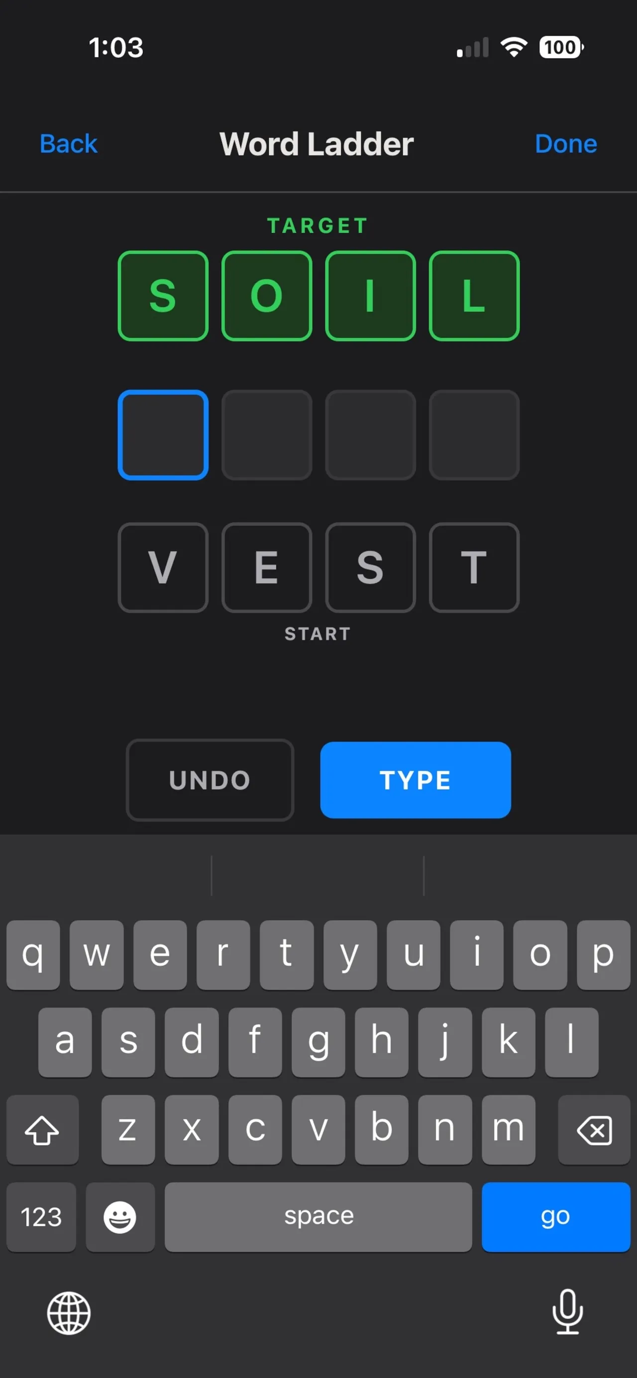 Daily Logic Word Ladder: start word VEST and target word SOIL, with an empty row for the next step and Undo and Type buttons