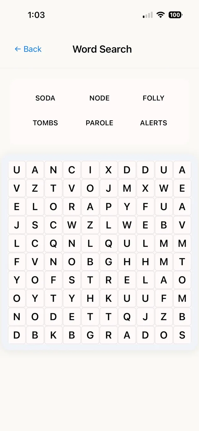 Daily Logic's Word Search (App Store screenshot): the words Soda, Node, Folly, Tombs, Parole and Alerts above a 10x10 letter grid