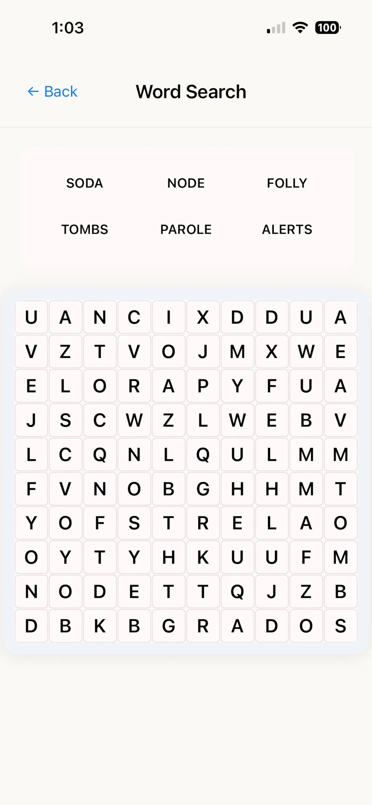 Daily Logic Word Search: the words Soda, Node, Folly, Tombs, Parole and Alerts above a 10x10 letter grid