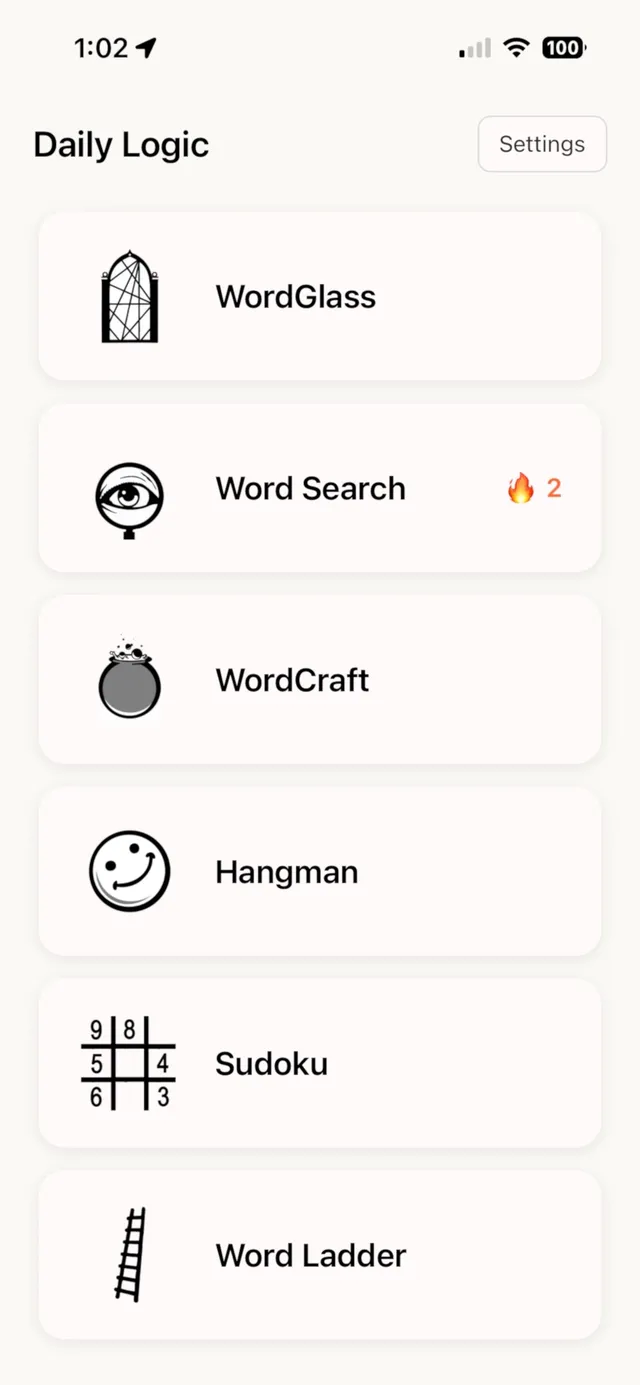 Daily Logic home screen listing WordGlass, Word Search with a streak of 2, WordCraft, Hangman, Sudoku and Word Ladder