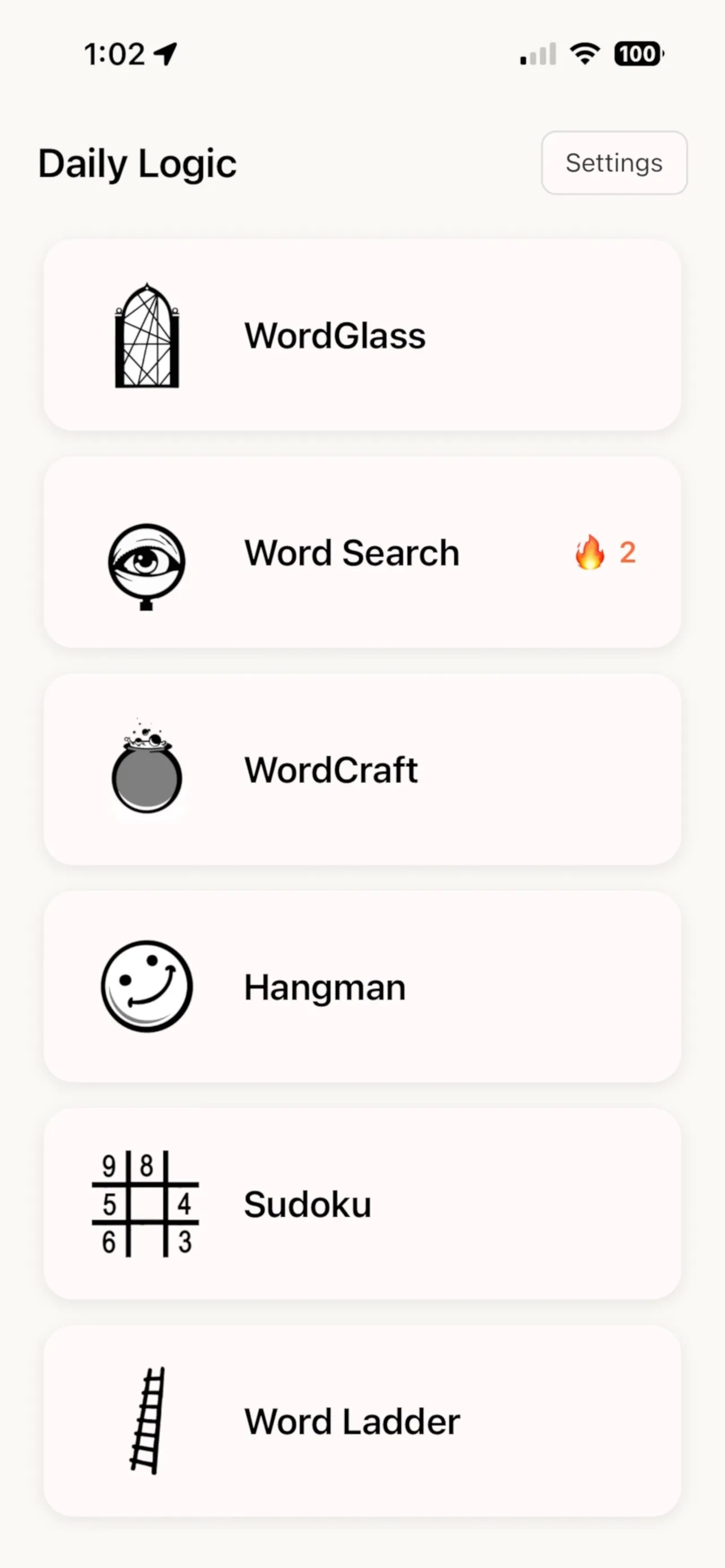 Daily Logic home screen listing WordGlass, Word Search with a streak of 2, WordCraft, Hangman, Sudoku and Word Ladder