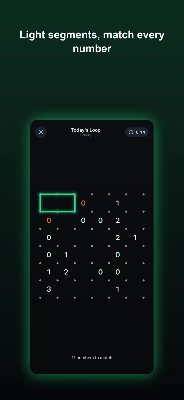 Today's Daily Loop, Breezy, on a dark board: a dot lattice with numbers and a short glowing green segment of loop