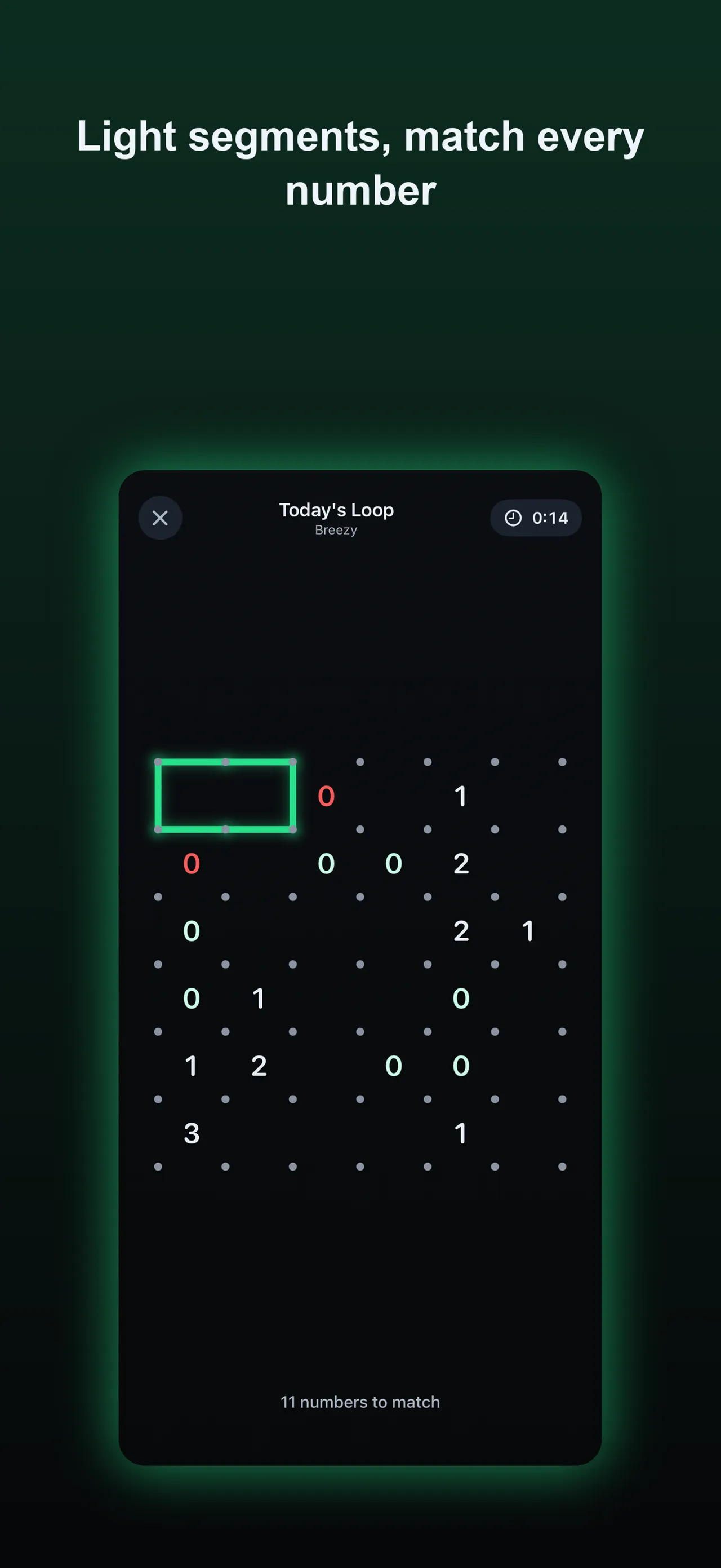 Today's Daily Loop, Breezy, on a dark board: a dot lattice with numbers and a short glowing green segment of loop