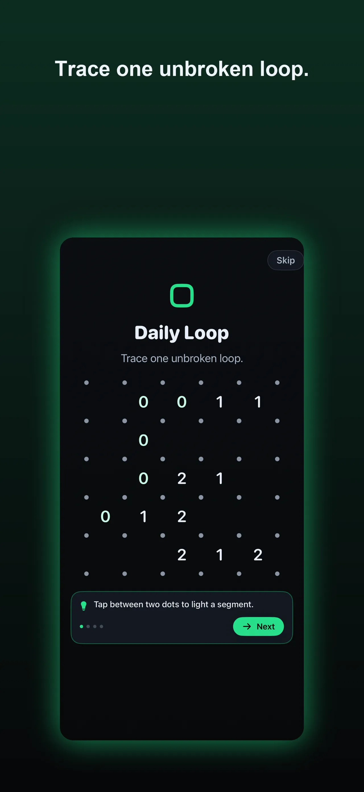 Daily Loop's tutorial grid with numbers 0 to 2 and the hint to tap between two dots