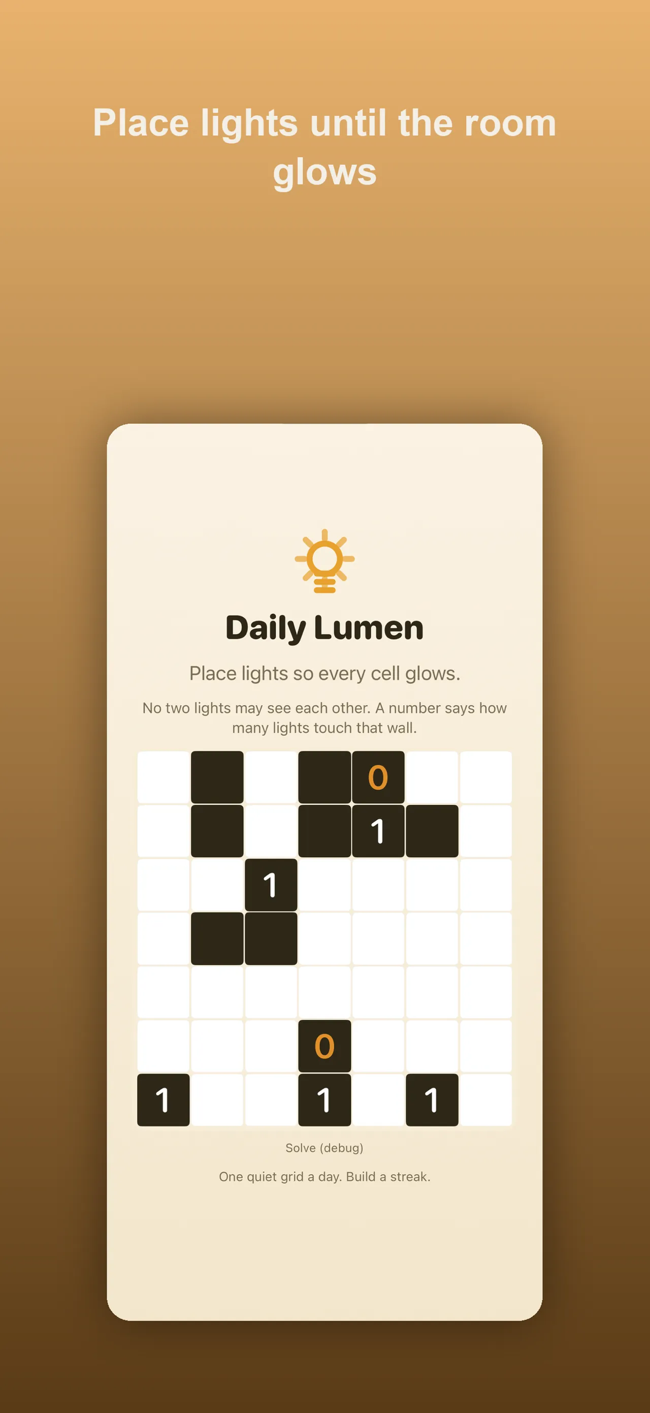 Daily Lumen's tutorial grid with numbered walls and the rule that no two lights may see each other