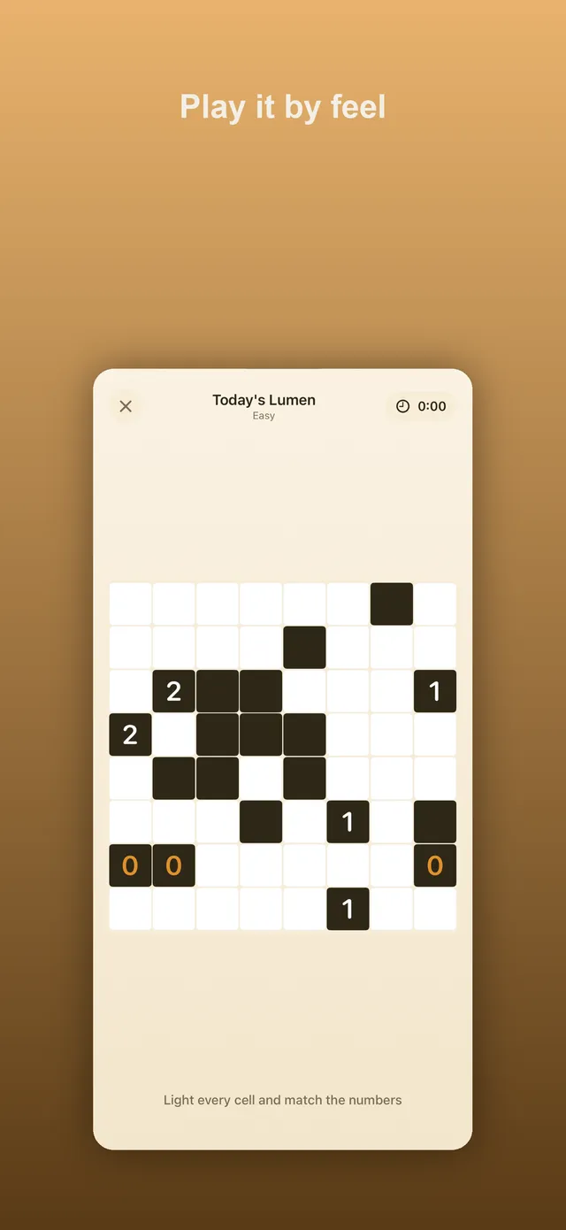 Today's Daily Lumen grid, Easy, with black walls numbered 0, 1 and 2 on a white board and a timer